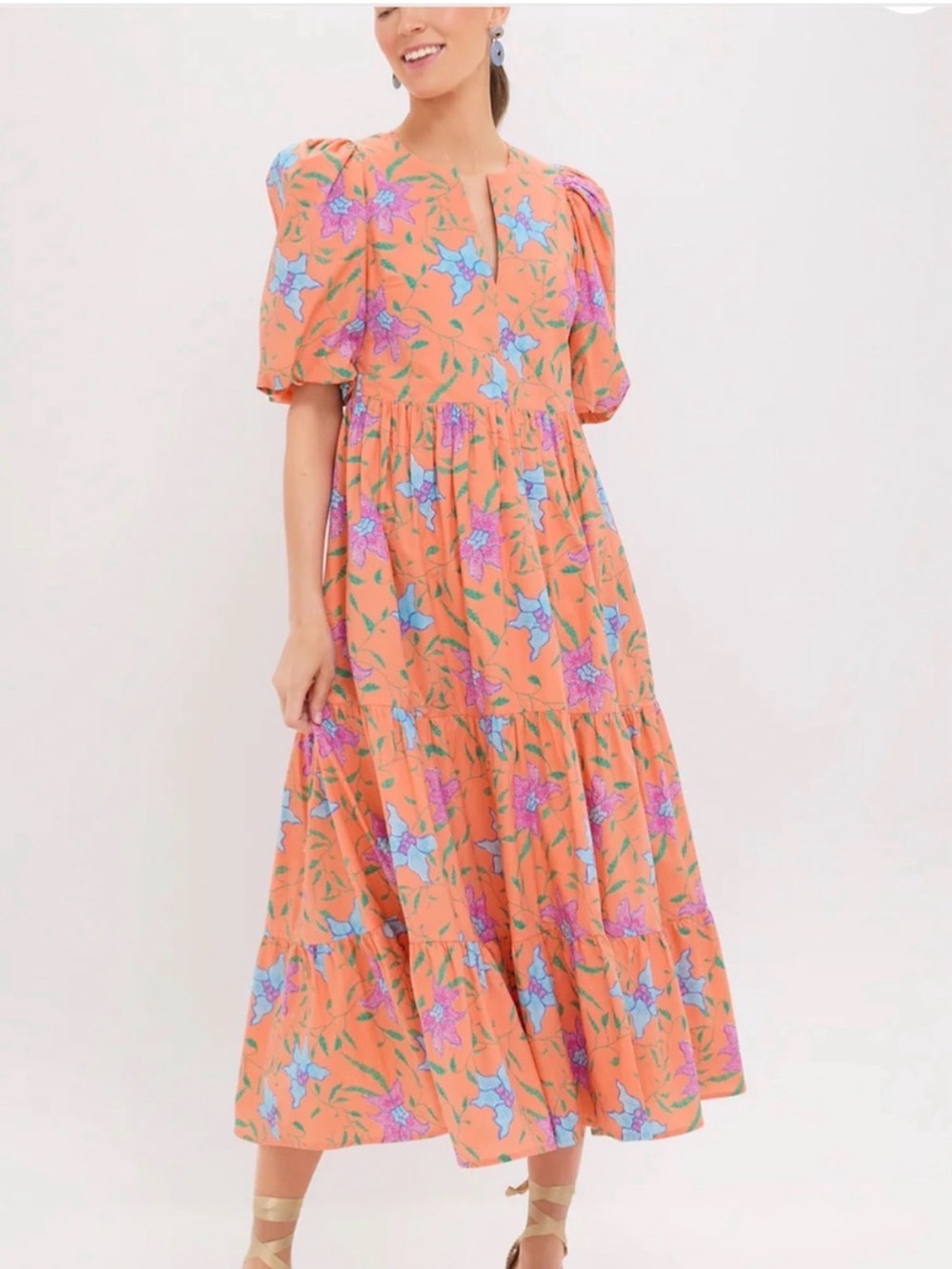 BNWT Hyacinth house Floral Tiered Midi Dress in Coral with Blue Flowers SZ SMALL